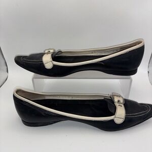 Vintage Coach Black Leather Buckle Loafers White Trim Flats Size 8 B Italy